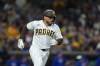 San Diego Padres' Luis Campusano runs towards first base after hitting an RBI single during the sixth inning of a baseball game against the Chicago Cubs Tuesday, April 28, 2026, in San Diego. (AP Photo/Gregory Bull)