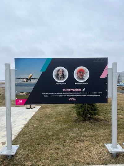 A memorial to Antoine Forest and Mackenzie Gunther is seen in Jacques-de-Lesseps park, which is owned by the operator of the Montreal airport, Aeroports de Montreal, in an undated handout photo. Gunther, 24, and Forest, 30, died when their Air Canada plane collided with a fire truck after landing at the New York City airport. THE CANADIAN PRESS/Handout - Aeroports de Montreal (Mandatory Credit)