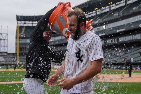 Chicago White Sox's Tristan Peters is doused to celebrate his walk-off RBI single to win a home-opener baseball game against the Toronto Blue Jays on Friday in Chicago. (Erin Hooley / The Associated Press)