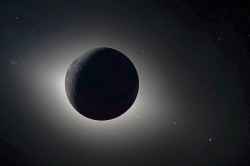 The moon eclipses the sun as seen from the Artemis II mission lunar flyby on Monday, April 6, 2026. (NASA / The Associated Press)