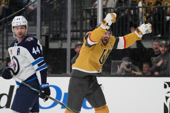 Vegas Golden Knights right wing Mark Stone (61) celebrates after scoring against the Winnipeg Jets during the second period of Monday's game in Las Vegas. (John Locher / The Associated Press)