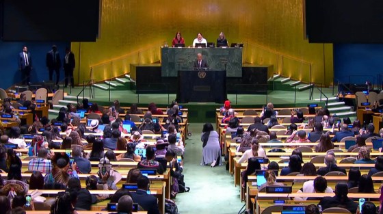This image taken from UNTV video shows United Nations Secretary-General António Guterres speaking at the UN Permanent Forum on Indigenous Issues in New York on Monday. (UNTV / The Associated Press)