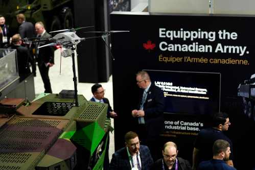 A drone from Lockheed Martin is shown on a General Dynamics LAV Mk II, at the Canadian Association of Defence and Security Industries annual defence industry trade show CANSEC, in Ottawa, on Wednesday, May 28, 2025. THE CANADIAN PRESS/Justin Tang