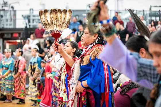 Traditional dancer Lynne Ballantyne during the grand entry at the RRC Polytech annual graduation pow wow on May 1. (Mikaela Mackenzie / Free Press files)