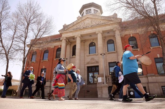Approximately 50 people took part in the walk organized by Assiniboine College and the Brandon Urban Aboriginal Peoples’ Council. (Tim Smith / The Brandon Sun)