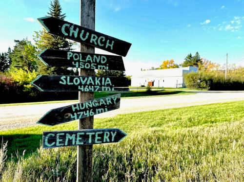 Polonia&rsquo;s mileage sign points to Poland, Slovakia and Hungary.