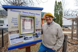 MIKE DEAL / FREE PRESS
                                Bernie Kruchak erected the Rooster Town Poetry Shed, a structure that resembles a free little library but is instead devoted to poetry, as a reconciliation project.