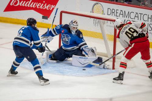 BROOK JONES/FREE PRESS
                                Manitoba Moose goaltender Domenic Divincentiis kicks out his left pad to stop a shot by Grand Rapids Griffins centre Wojciech Stachowiak (No. 49) during first period action Saturday in Winnipeg.