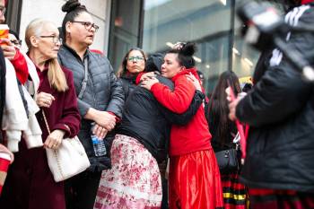 Melissa Roussin, Mackaylah Gerard-Roussin&rsquo;s mother, hugs family outside of the law courts on Tuesday. (Mikaela MacKenzie / Free Press)