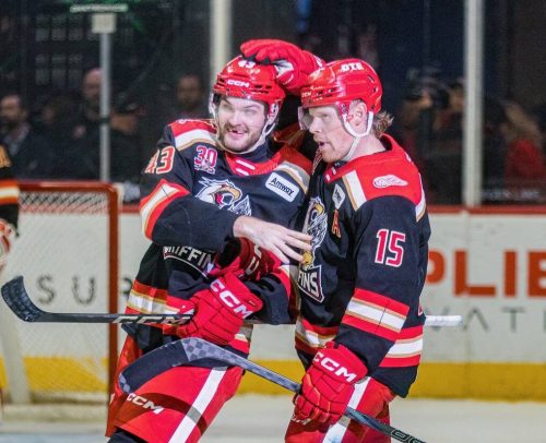 NICHOLAS CARRILLO PHOTO
                                Grand Rapids Griffins forward Carter Mazur (left) is congratulated on his second goal of the game, into an empty net, by centre Sheldon Dries during Game 3 of the best-of-five Calder Cup playoff series in Grand Rapids, Mich., on Wednesday.