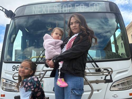 MORGAN MODJESKI / FREE PRESS
                                Kakeká Thundersky, northern and rural engagement coordinator for Climate Action Team Manitoba, attends Saturday&rsquo;s rally with her two daughters.