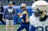 JOHN WOODS / FREE PRESS
                                Quarterback Zach Collaros throws at Blue Bomber training camp as head coach Mike O&rsquo;Shea looks on Sunday.