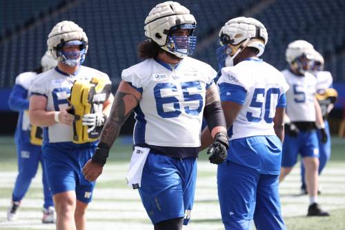 Ruth Bonneville / FREE PRESS
                                Winnipeg Blue Bombers offensive lineman Tui Eli (65) is gearing up for his sixth season with the club. Eli signed a two-year extension with the Blue and Gold this past off-season.