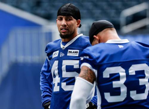 JOHN WOODS / FREE PRESS
                                Jovan Santos-Knox (45) at Blue Bomber training camp Sunday, May 10, 2026. reporter: taylor