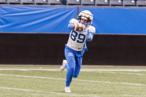 MIKE DEAL / FREE PRESS
                                Receiver Jackson Tachinski (89) during Winnipeg Blue Bomber&rsquo;s training camp at Princess Auto Stadium Tuesday. 260519 - Tuesday, May 19, 2026.