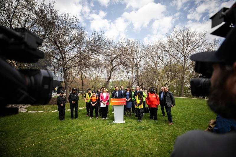 MIKAELA MACKENZIE / FREE PRESS
                                Funding for downtown summer safety initiatives is announced at Stephen Juba Park.