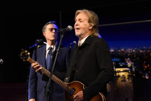 This image released by CBS shows Paul McCartney, right, with host Stephen Colbert during the final episode of &ldquo;The Late Show with Stephen Colbert&rdquo; in New York on Thursday. (Scott Kowalchyk/CBS via The Associated Press files)