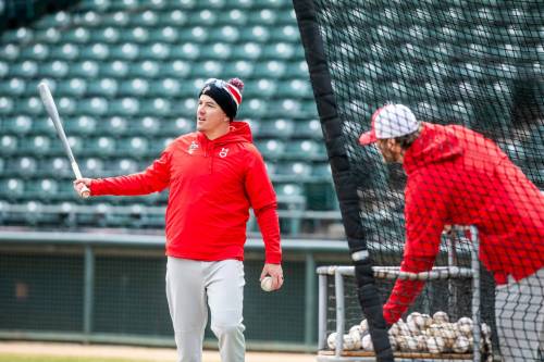 MIKAELA MACKENZIE / FREE PRESS 	 Manager Logan Watkins at Goldeyes practice on Wednesday, May 6, 2026. For Mike McIntyre story. Free Press 2026