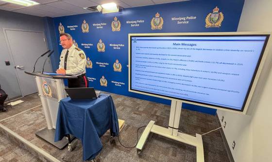Winnipeg Police Chief Gene Bowers announces the release of the 2025 Statistical Report during a press conference at police HQ Wednesday morning. (Mike Deal / Free Press)