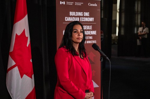 Deputy Premier of British Columbia Niki Sharma speak to media before the First Ministers Meeting in Saskatoon on Monday, June 2, 2025. THE CANADIAN PRESS/Liam Richards