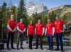 Northwest Territories Premier R.J. Simpson, left to right, Yukon Premier Currie Dixon, Alberta Premier Danielle Smith, Manitoba Premier Wab Kinew, Saskatchewan Premier Scott Moe and  B.C. Premier David Eby, pose wearing Team Canada soccer jerseys during a group photo at a meeting of western premiers in Kananaskis, Alta., Tuesday, May 26, 2026. THE CANADIAN PRESS/Jeff McIntosh