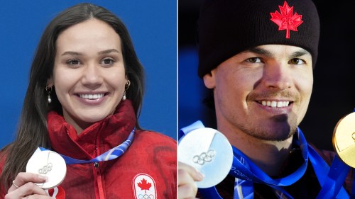 This composite image shows Canada's Courtney Sarault, left, and Mikael Kingsbury, right, as they display medals they won at the Milano Cortina 2026 Winter Olympic Games, in Italy, on Monday, Feb. 16, 2026. THE CANADIAN PRESS/Darryl Dyck, Sean Kilpatrick