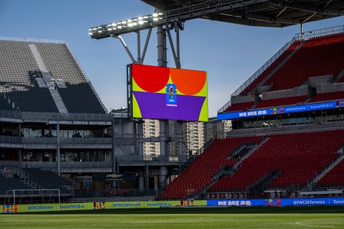One of four giant LCD screens located around the pitch at BMO Field is shown as part of the stadium’s upgrades ahead of hosting six FIFA World Cup 2026 matches in Toronto, Ont., March 24, 2026. THE CANADIAN PRESS/Eduardo Lima