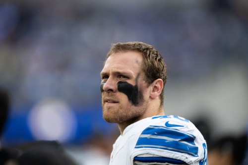 FILE - Detroit Lions linebacker Jack Campbell (46) walks on the field before an NFL football game against the Los Angeles Rams, on Dec. 14, 2025, in Inglewood, Calif. (AP Photo/Kyusung Gong, File)