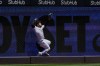 New York Yankees' Jasson Domínguez is injured while catching a ball hit by Texas Rangers' Brandon Nimmo for an out during the first inning of a baseball game Thursday, May 7, 2026, in New York. (AP Photo/Frank Franklin II)