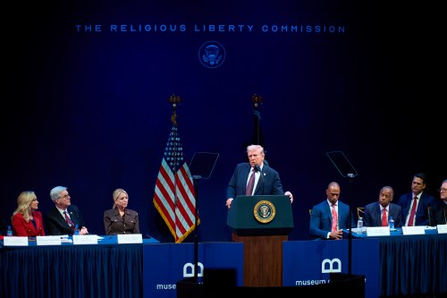 FILE - President Donald Trump addresses the White House Religious Liberty Commission during an event at the Museum of the Bible, Sept. 8, 2025, in Washington. (AP Photo/Evan Vucci, File)