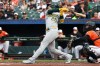 Athletics' Brent Rooker hits a home run during the third inning of a baseball game against the Baltimore Orioles, Saturday, May 9, 2026, in Baltimore. (AP Photo/Daniel Kucin Jr.)