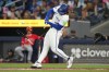 Toronto Blue Jays' Addison Barger (47) breaks his bat while facing Los Angeles Angels pitcher Jack Kochanowicz during first inning MLB baseball action in Toronto, Saturday, May 9, 2026. THE CANADIAN PRESS/Chris Young