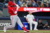 Los Angeles Angels second baseman Oswald Peraza (2) grounds out with a broken bat during the top of the second inning MLB baseball action against Toronto Blue Jays pitcher Spencer Miles in Toronto on Sunday, May 10, 2026. THE CANADIAN PRESS/Frank Gunn