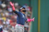 Tampa Bay Rays' Junior Caminero celebrates after his home run as he arrives at home plate in the first inning of a baseball game against the Boston Red Sox, Sunday, May 10, 2026, in Boston. (AP Photo/Steven Senne)