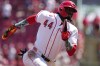 Cincinnati Reds' Elly de la Cruz advances to third base on a double by teammate Sal Stewart during the fourth inning of a baseball game against the Houston Astros, Sunday, May 10, 2026, in Cincinnati. (AP Photo/Kareem Elgazzar)