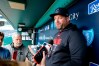 Cleveland Guardians manager Stephen Vogt, right, visits with the media before a baseball game at Kauffman Stadium against the Kansas City Royals in Kansas City, Mo., Tuesday, May 5, 2026. (AP Photo/Colin E. Braley)