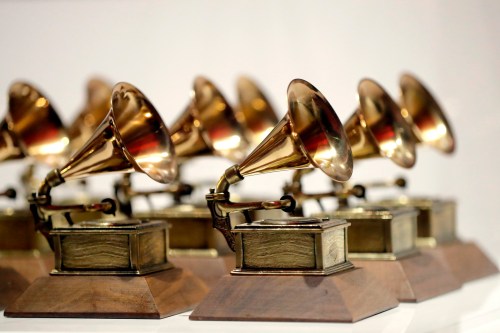FILE - Grammy Awards are displayed at the Grammy Museum Experience at Prudential Center in Newark, N.J. on Oct. 10, 2017. (AP Photo/Julio Cortez, File)
