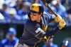 FILE - Milwaukee Brewers' Christian Yelich bats during the fifth inning of a baseball game against the Kansas City Royals, April 5, 2026, in Kansas City, Mo. (AP Photo/Charlie Riedel, File)