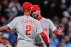 Philadelphia Phillies' Kyle Schwarber celebrates with Justin Crawford (2) after defeating the Boston Red Sox following a baseball game, Tuesday, May 12, 2026, in Boston. (AP Photo/Charles Krupa)