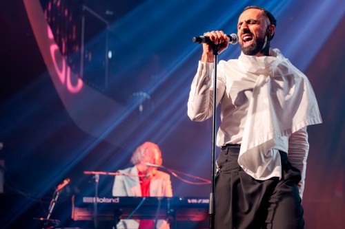 Palestinian singer-songwriter and video artis Bashar Murad sings during a United for Palestine anti-Eurovision concert in Brussels, Tuesday, May 12, 2026. (AP Photo/Geert Vanden Wijngaert)