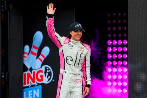 FILE - Katherine Legge (78) is introduced before a NASCAR Cup Series auto race on May 10, 2026, in Watkins Glen, N.Y. (Photo/Adrian Kraus, File)