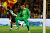 PSG's goalkeeper Matvey Safonov reacts after making a save during the French League One soccer match between Lens and Paris Saint Germain, in Lens, northern France, Wednesday, May 13, 2026. (AP Photo/Jean-Francois Badias)