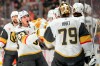Vegas Golden Knights right wing Mitch Marner, second from left, celebrates his goal with goaltender Carter Hart during the first period in Game 6 of a second-round NHL hockey Stanley Cup playoff series against the Anaheim Ducks, Thursday, May 14, 2026, in Anaheim, Calif. (AP Photo/Mark J. Terrill)