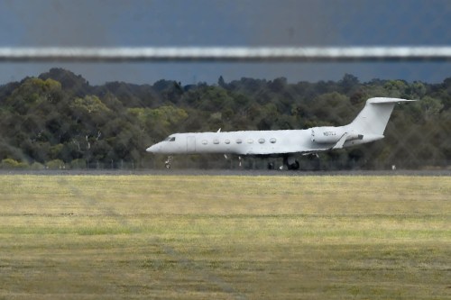A jet carrying passengers from the hantavirus-stricken cruise ship MV Hondius arrives at RAAF Base Pearce in Perth, Australia, from the Netherlands on Friday, May 15, 2026. (Aaron Bunch/AAP Image via AP)