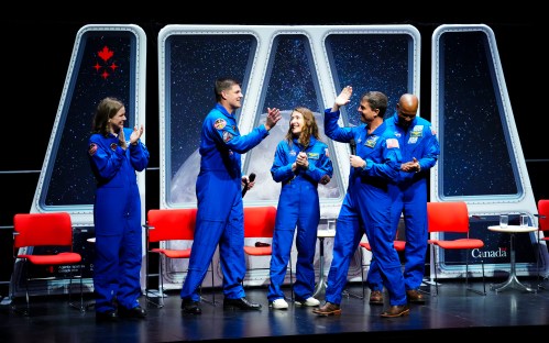 Astronauts of the Artemis II mission, left to right, Artemis capsule communicator Jenni Gibbons, mission specialist Jeremy Hansen, mission specialist Christina Koch, Commander Reid Wiseman and pilot Victor Glover take part in a question-and-answer event at the National Arts Centre in Ottawa on Wednesday, May 13, 2026. THE CANADIAN PRESS/Sean Kilpatrick