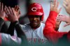 Cincinnati Reds third baseman Ke'bryan Hayes is congratulated in the dugout after scoring a run on an RBI double by Elly de la Cruz during the fifth inning of a baseball game against the Cleveland Guardians, Friday, May 15, 2026, in Cleveland. (AP Photo/David Dermer)