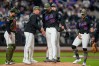 New York Mets starting pitcher Clay Holmes (35) heads to the dugout while being pulled by manager Carlos Mendoza during the fifth inning of a baseball game against the New York Yankees, Friday, May 15, 2026, in New York. (AP Photo/Yuki Iwamura)