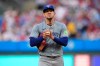 FILE - Toronto Blue Jays pitcher Jose Berrios reacts after giving up a two-run home run to Philadelphia Phillies' Kody Clemens during the second inning of a baseball game, Tuesday, May 7, 2024, in Philadelphia. (AP Photo/Matt Slocum, File)