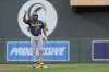 Milwaukee Brewers' Jackson Chourio celebrates after hitting a double during the eighth inning of a baseball game against the Minnesota Twins, Saturday, May 16, 2026, in Minneapolis. (AP Photo/Bailey Hillesheim)