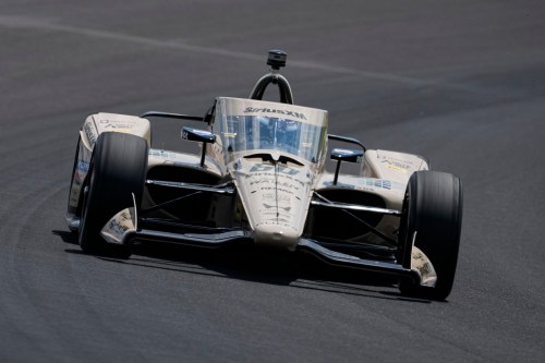 Felix Rosenqvist, of Sweden, drives through the third turn during qualifications for the Indianapolis 500 auto race at the Indianapolis Motor Speedway in Indianapolis, Sunday, May 17, 2026. (AP Photo/Michael Conroy)